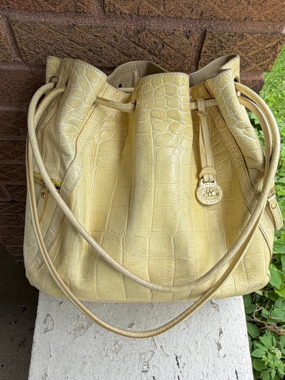 BRAHMIN Delita Grotto Butter Sunbeam Drawstring Hobo Shoulder Bag Distressed